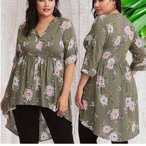 Torrid Green Asymmetrical Floral Tunic with 3/4 Sleeves 14/16